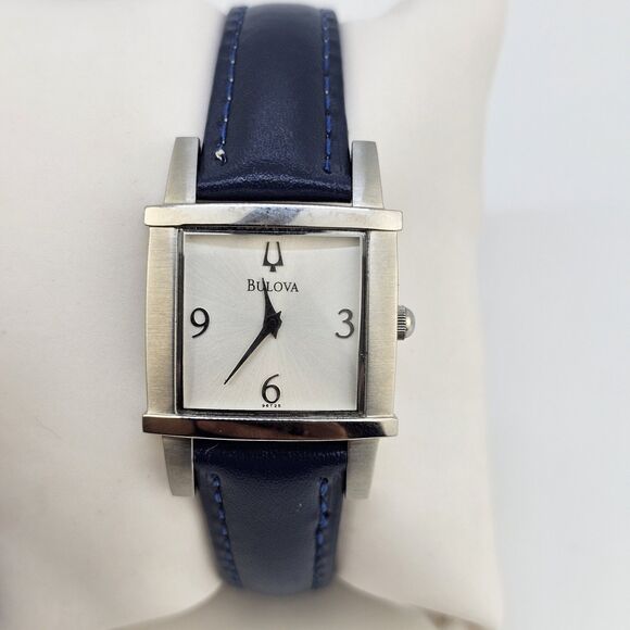 Bulova Women's Watch 25MM Gray Dial Case Blue Leather Bands New Battery - Picture 1 of 14